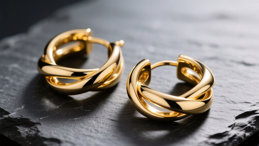Macro shot of 14k yellow gold interlocking hoop earrings on dark slate, highlighting seamless solder joints and high-polish finish.