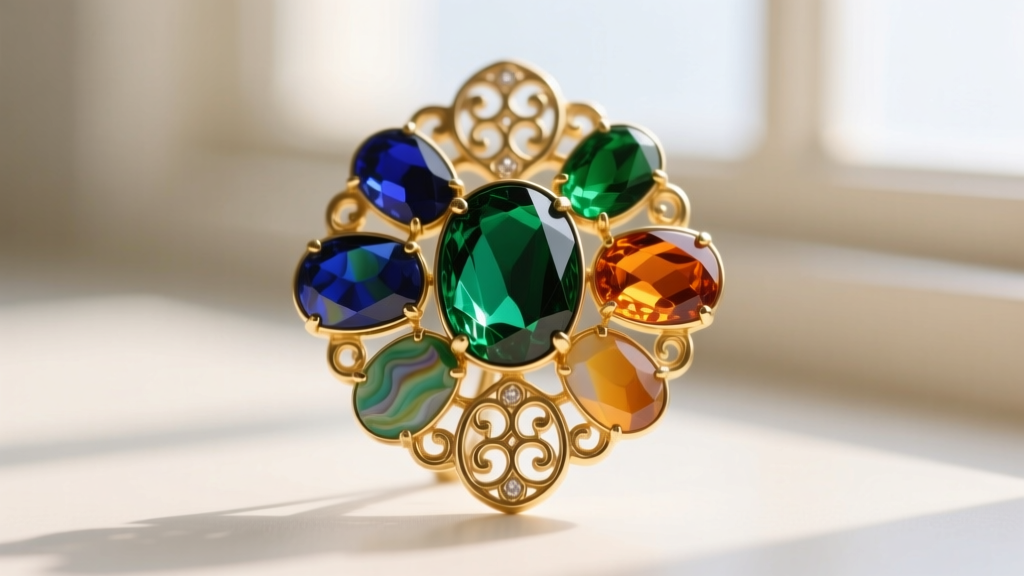Macro shot of a luxury costume brooch with hand-poured pâte de verre glass stones set in heavy gold-plated brass.