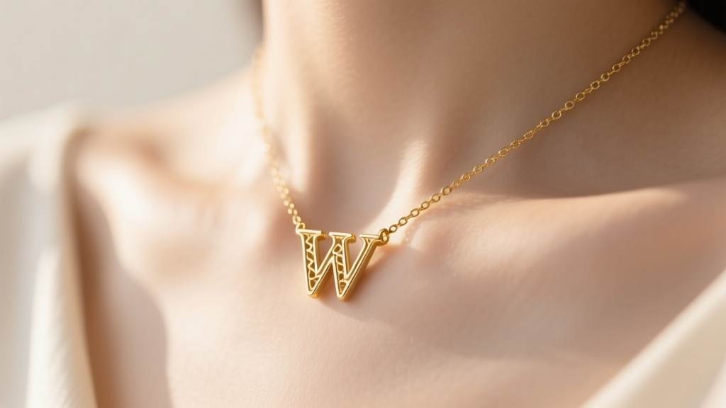 Macro shot of a 14k gold W initial necklace resting on a collarbone, soft natural lighting, elegant minimalist style, sharp focus.