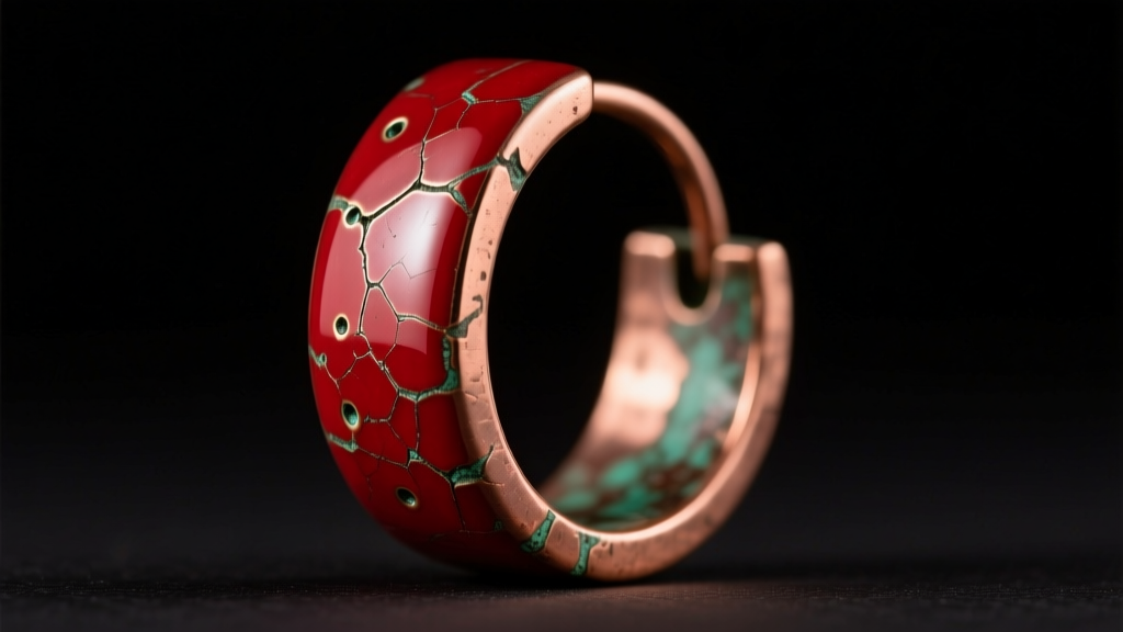 Extreme close-up of a red enameled copper earring showing tiny pinholes and micro-crazing cracks under bright studio lighting