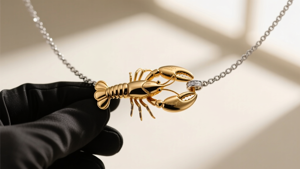Close-up of a gold-tone lobster clasp on a luxury chain necklace, with a jeweler's loupe resting beside it on a suede repair mat.