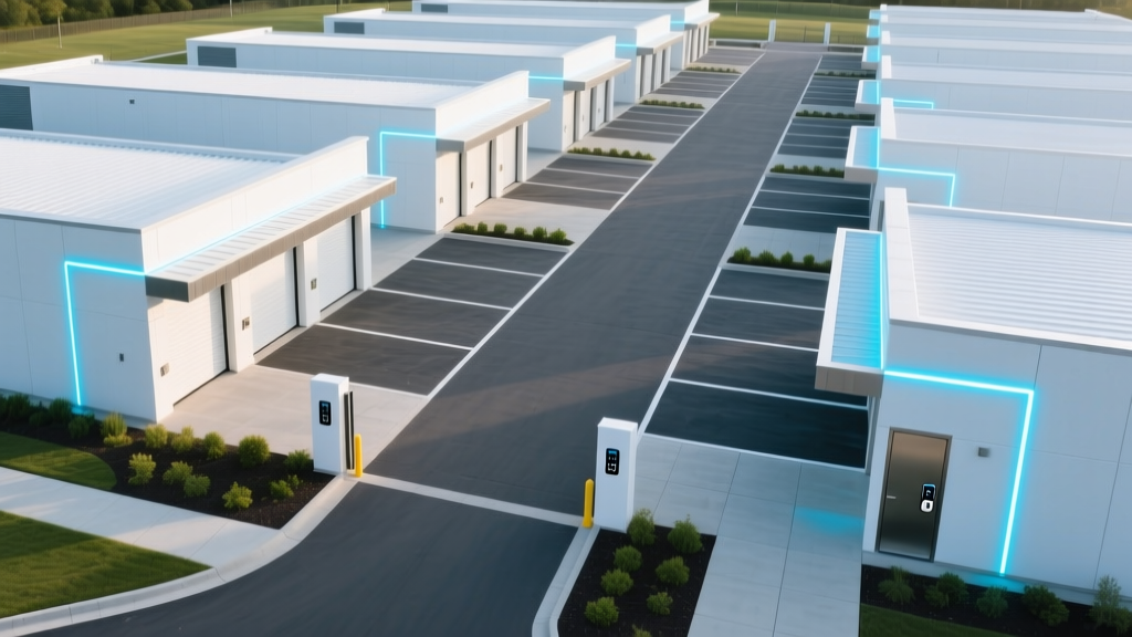 Aerial view of a new climate-controlled self-storage facility with paved drive aisles, LED lighting, and keypad gates