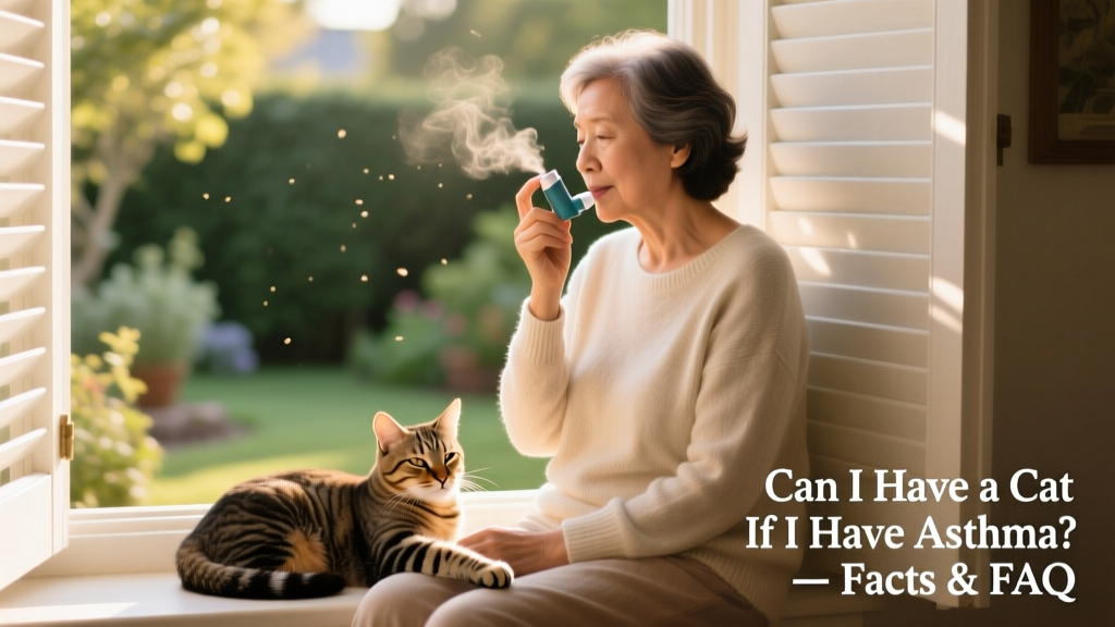 A person using an inhaler while seated calmly beside a relaxed cat on a sunlit windowsill