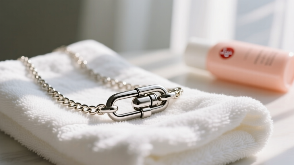Close-up of a waterproof stainless steel lobster clasp securing a chain necklace, resting on a white linen towel next to sunscreen