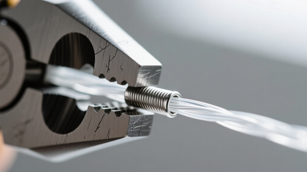 Extreme close-up of a metal crimping tool compressing a small 2x2mm sterling silver crimp tube onto a clear nylon beading wire.