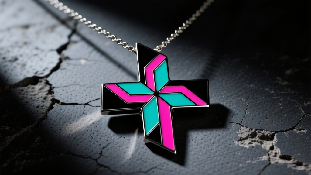 Geometric squid game cross necklace with pink and teal enamel accents on dark concrete under moody, dramatic studio lighting.