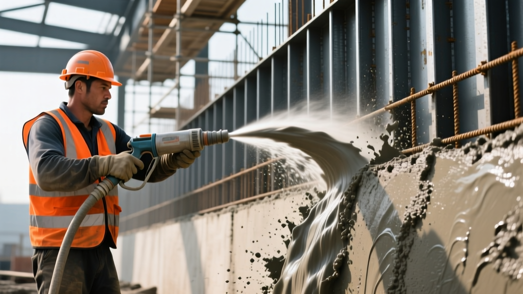 Construction worker operating a high-pressure shotcrete hose spraying wet-mix concrete onto a steel-reinforced retaining wall form