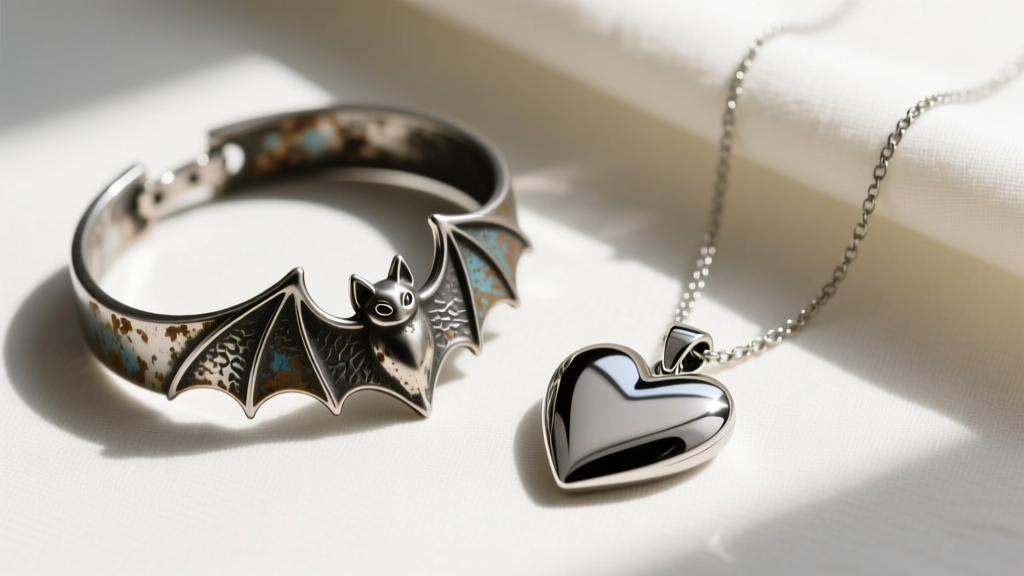 Flat lay comparing tarnished zinc alloy bat choker next to polished 316L surgical steel gothic heart pendant chain necklace.