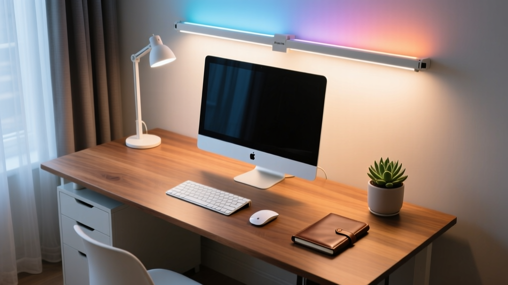 Overhead view of a home office desk illuminated by Philips Hue Perifo track lighting, demonstrating dynamic color temperature adjustments for focus
