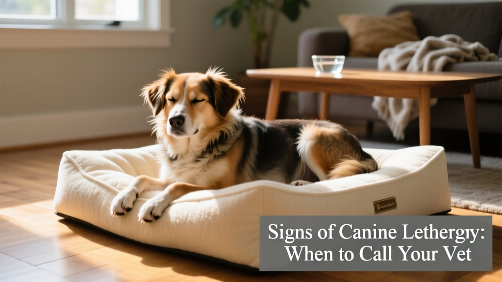 A dog resting quietly on a soft bed, looking unusually still and unresponsive compared to its typical energetic demeanor