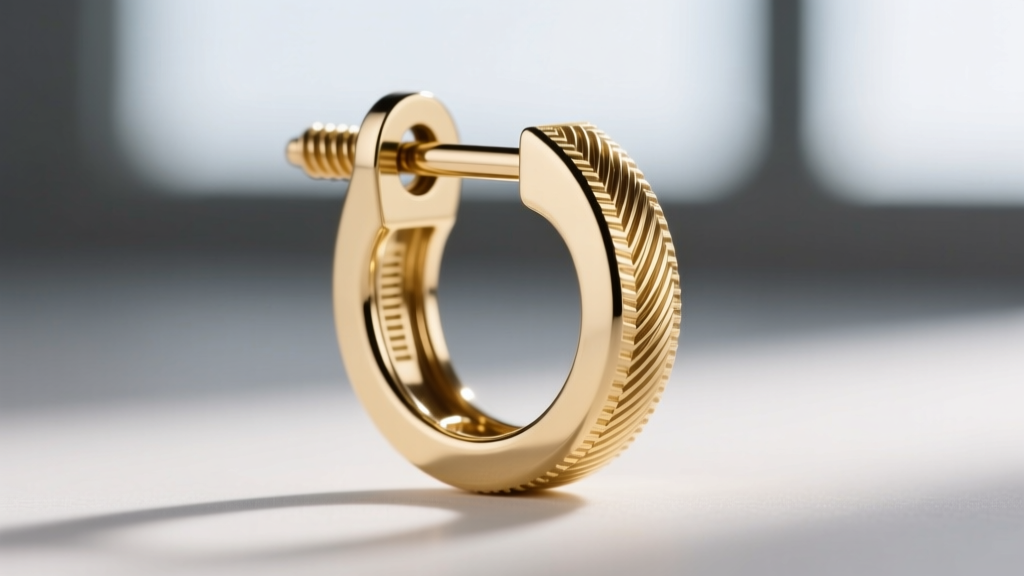 Close-up of a 16-gauge 14k white gold mens earring with a secure screw-back threading mechanism, focused on the metal grooves.