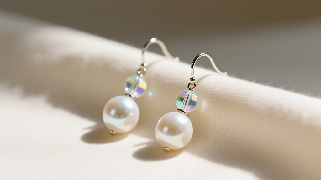Close-up of elegant white freshwater pearl and glass seed bead dangle earrings resting on cream linen fabric in soft natural sunlight