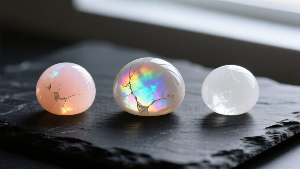 Macro photography comparing three moonstone cabochons: peach, rainbow, and stark white, resting on a textured dark slate surface