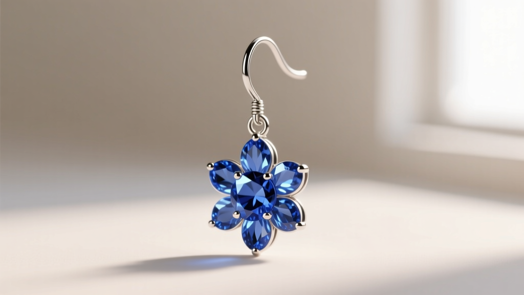 Macro shot of a blue sapphire floral drop earring, highlighting the secure 18-gauge titanium fishhook wire against soft lighting.