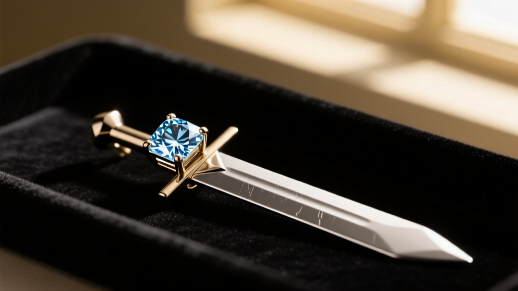 Close-up of an 18-gauge titanium sword earring with a cubic zirconia hilt, resting on a dark velvet tray in soft, moody lighting.