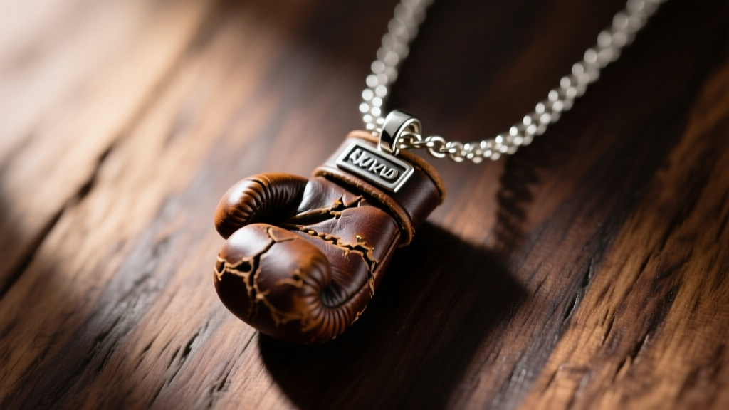Close-up of a miniature distressed leather boxing glove pendant hanging from a silver box chain, resting on a dark wooden surface