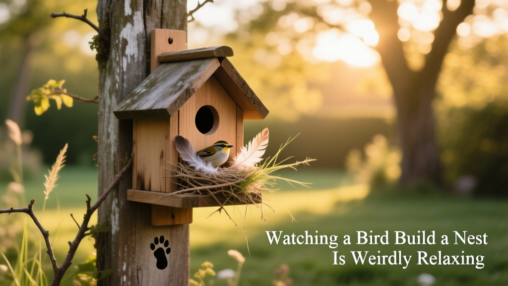 A birdhouse mounted on a post with fresh nesting material visible at the entrance