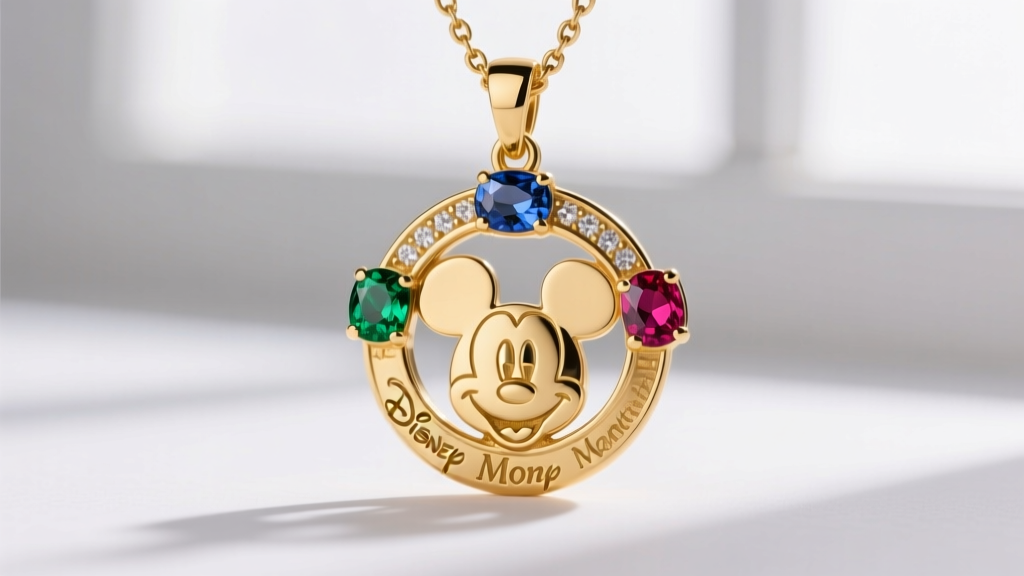 Macro shot of a 14k gold Disney mom necklace pendant with a Mickey silhouette and three bezel-set birthstones.