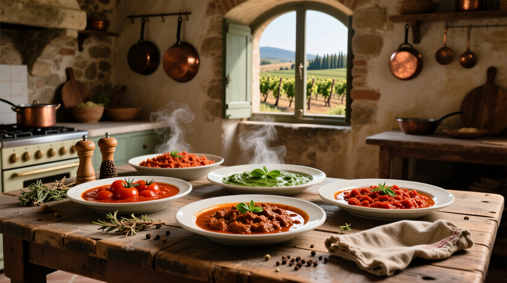 Five delicious tomato sauce dishes on rustic table