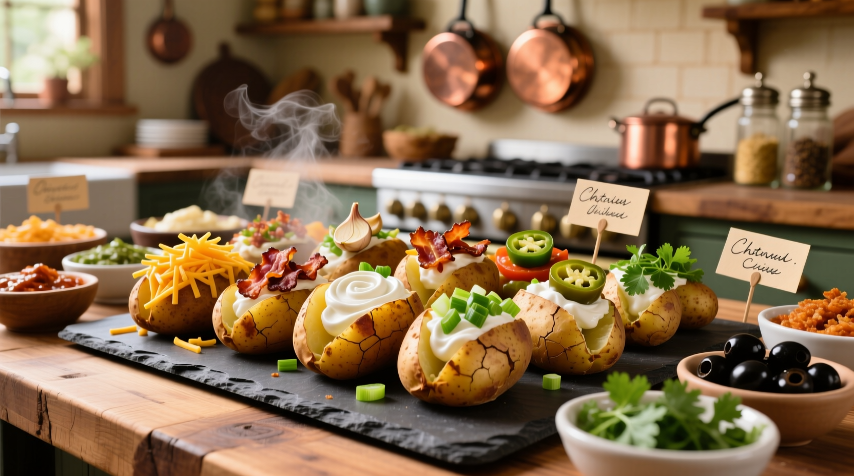 Colorful baked potato bar with assorted toppings