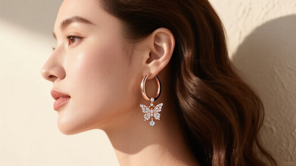 Side profile of a woman wearing 25mm medium-sized rose gold hoop earrings with dangling diamond-accented butterfly charms