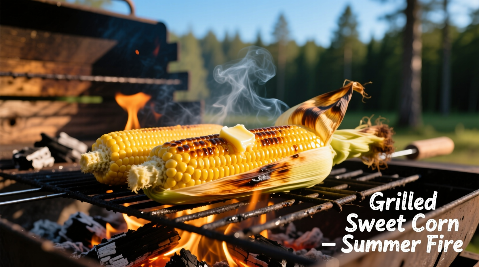 Fresh corn cobs grilling on outdoor barbecue