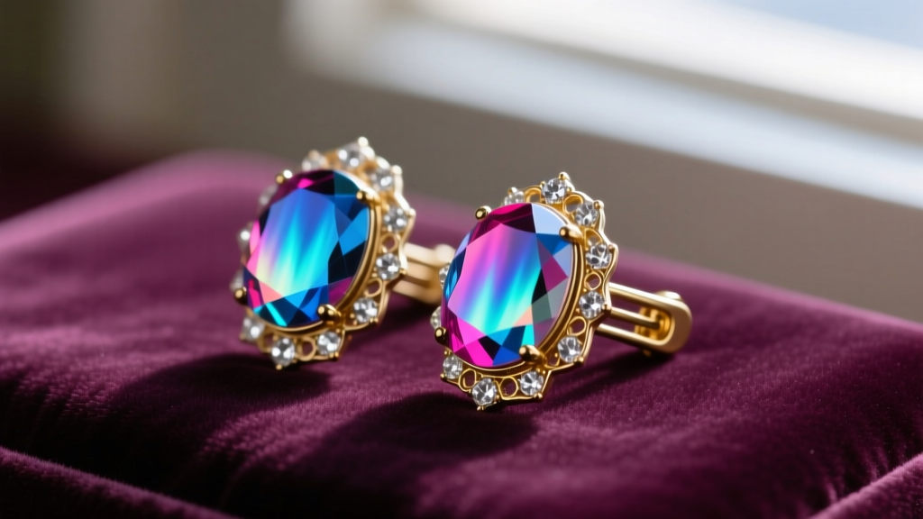Close-up of 1950s Aurora Borealis rhinestone clip earrings on velvet, showing iridescent faceted glass stones and gold plating.