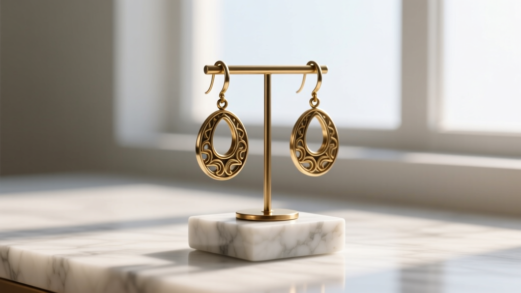 Heavy brass dangle earring on a marble-base metal earring stand, showing stability against tipping in bright natural light