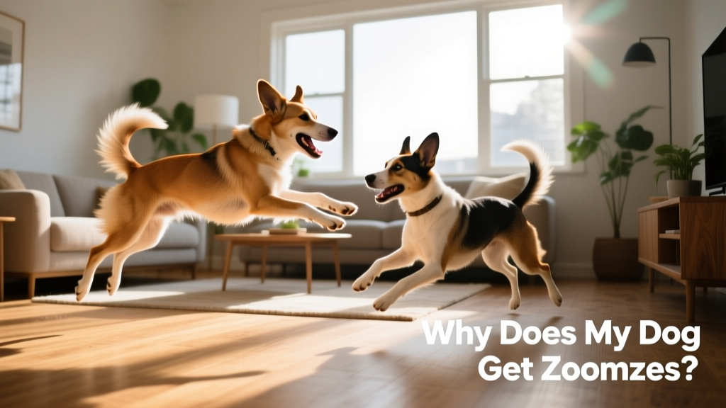 Two dogs playing together in a sunlit living room, one mid-leap, the other chasing
