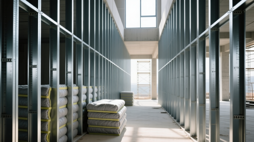 Commercial construction site showing erected steel I-beams, cold-formed steel wall studs, and exposed mineral wool insulation batts.