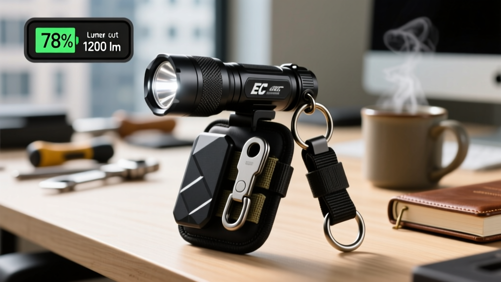 An EDC flashlight with a built-in OLED screen displaying battery percentage and lumen output, attached to a tactical keychain organizer