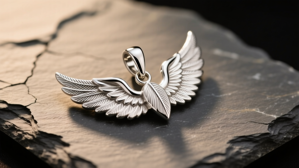 Sterling silver angel wings pendant on slate, showing intricate feather textures and a polished bail under warm studio lighting.