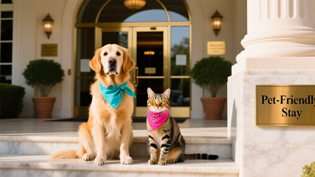 A friendly dog and cat sitting side-by-side near a hotel lobby entrance, both wearing colorful bandanas