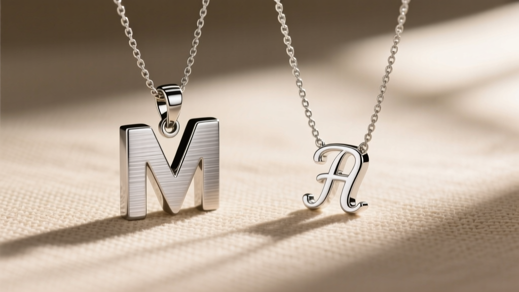 Side-by-side view of a brushed titanium letter M pendant and a polished platinum initial necklace on a neutral linen background.