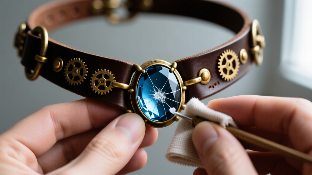 Hands using microfiber and cerium oxide to polish a scratched glass cabochon on a dark brown leather steam punk choker necklace