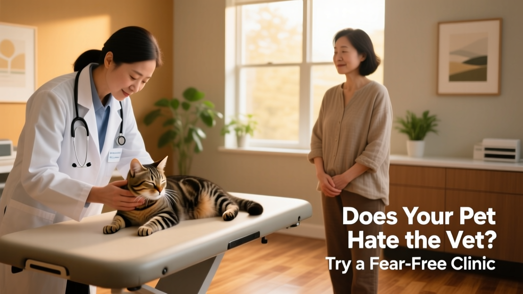 Veterinarian gently examining a relaxed cat while the owner observes calmly nearby