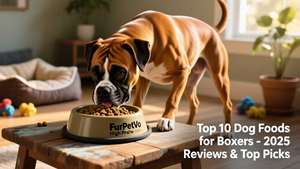 Boxer enthusiastically eating FurPetVo High Prairie kibble from a non-slip bowl