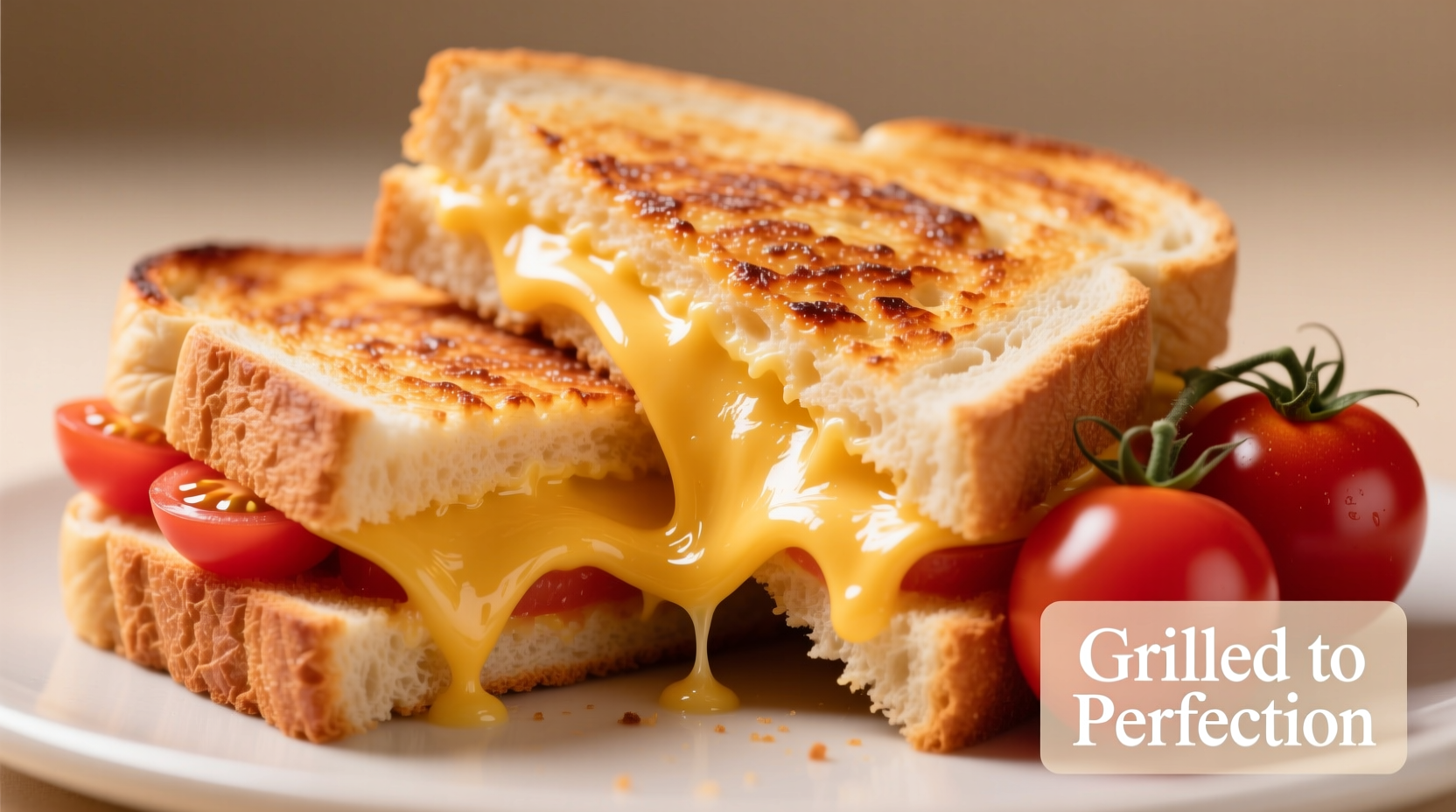 Perfectly golden tomato grilled cheese sandwich with melted cheese