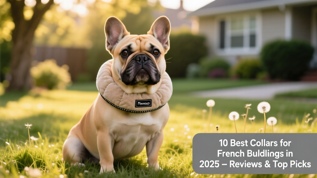 A French Bulldog wearing a soft, padded collar while sitting calmly on grass