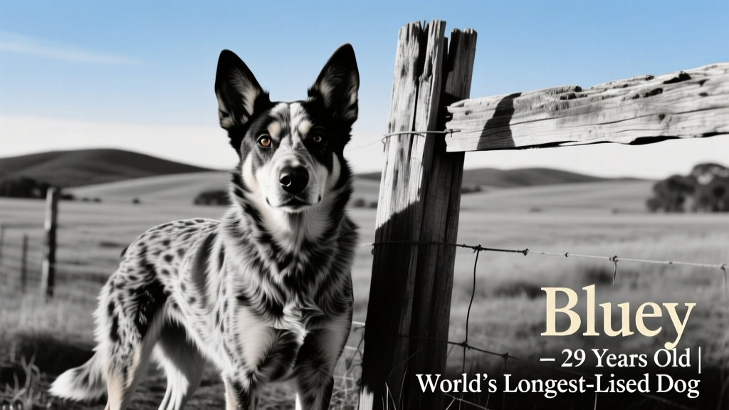 Historic black-and-white photo of Bluey, a lean, alert Australian Cattle Dog standing beside a fence on an Australian ranch