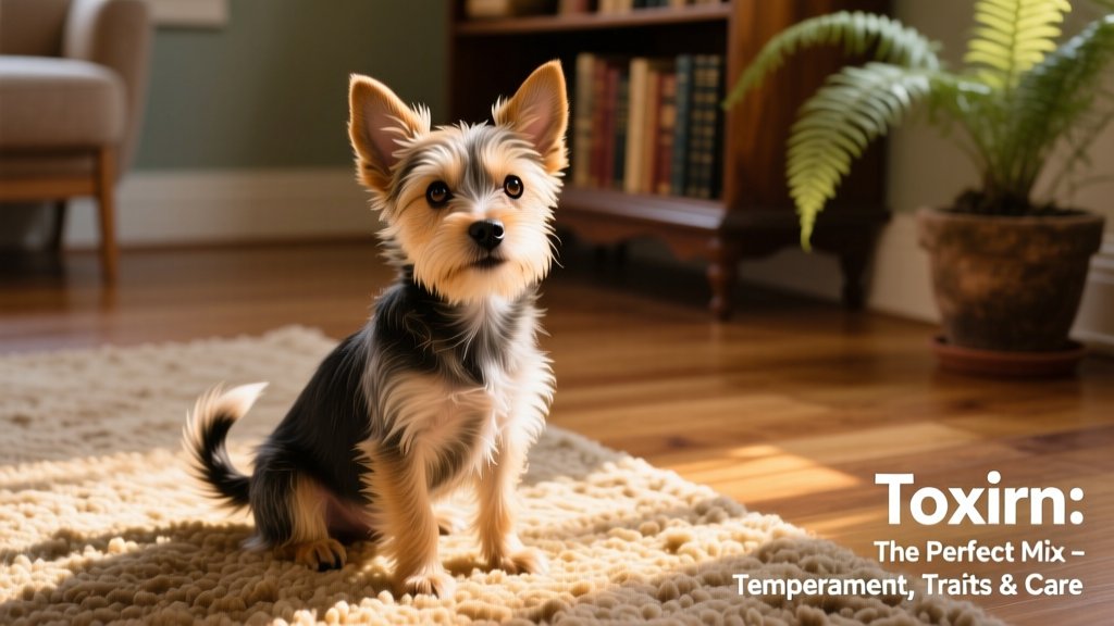 A playful, alert Toxirn puppy sitting on a sunlit rug, showing a mix of terrier and Chihuahua features