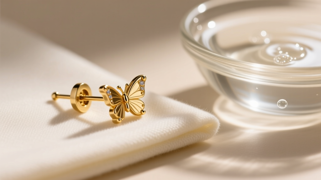Macro shot of a disassembled 14k gold stud earring and butterfly clutch on a microfiber cloth beside a bowl of soapy water