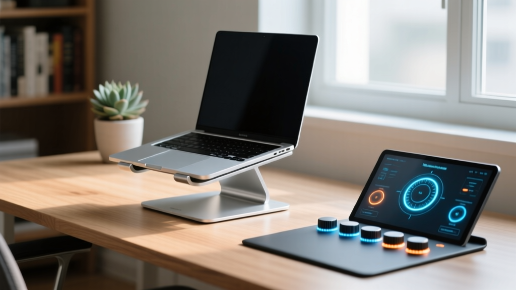 Minimalist home office desk setup showing an LCD macro pad with rotary dials next to an elevated aluminum laptop stand