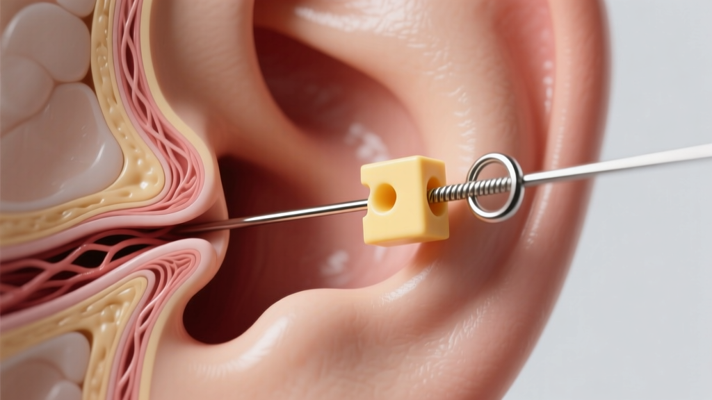Medical illustration showing a 20-gauge earring wire causing the cheese-cutter effect through a healed earlobe fistula tract