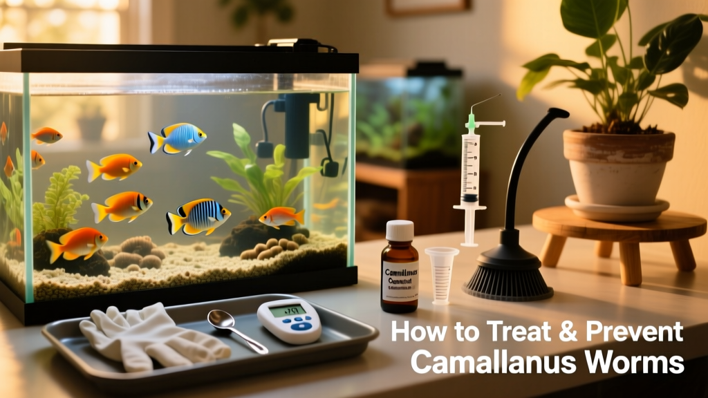 Aquarium setup showing proper medication dosing and substrate cleaning tools nearby