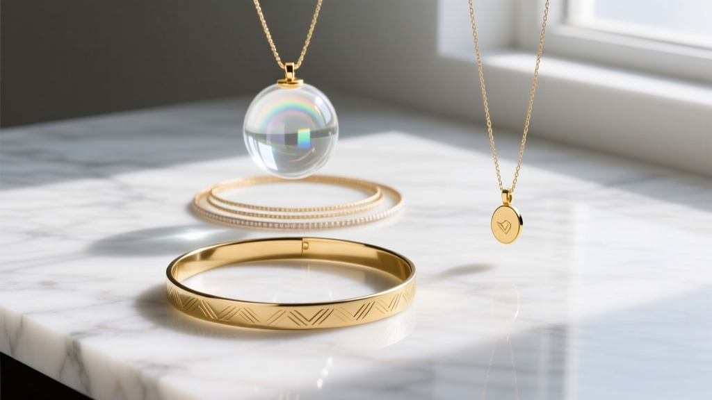 Flat lay of three layered necklaces on marble, featuring a gold choker, a clear glass bubble necklace, and a small gold pendant