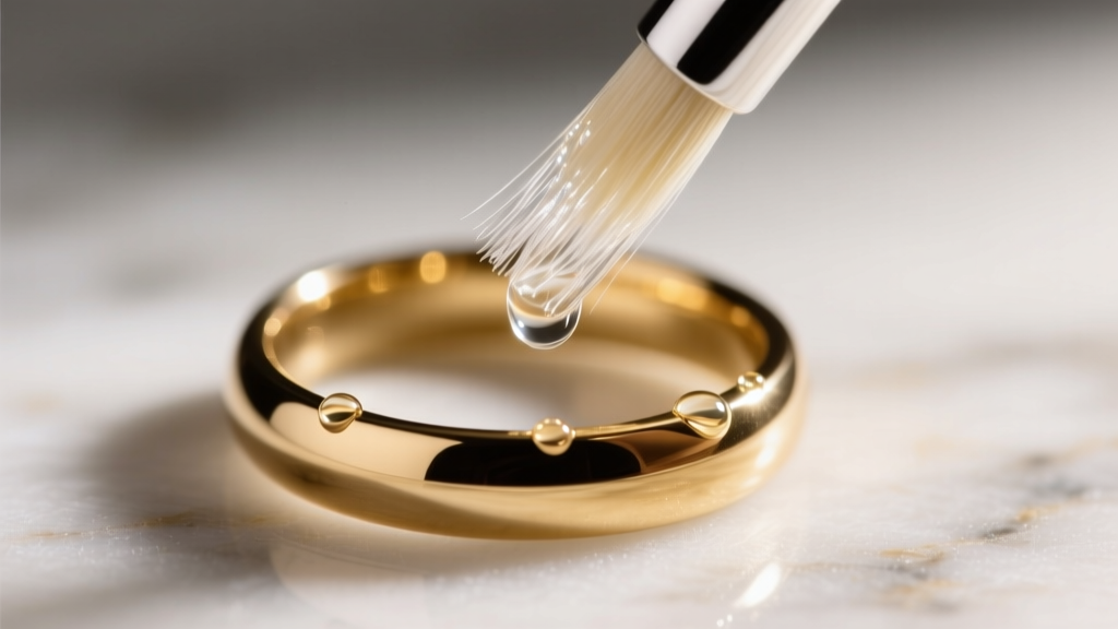 Small glass brush applying clear protective polish to the inner band of a gold plated ring to prevent green skin discoloration.
