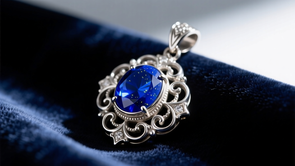Close-up of a vintage-style sterling silver pendant featuring a deep blue lapis lazuli cabochon resting on dark velvet fabric.