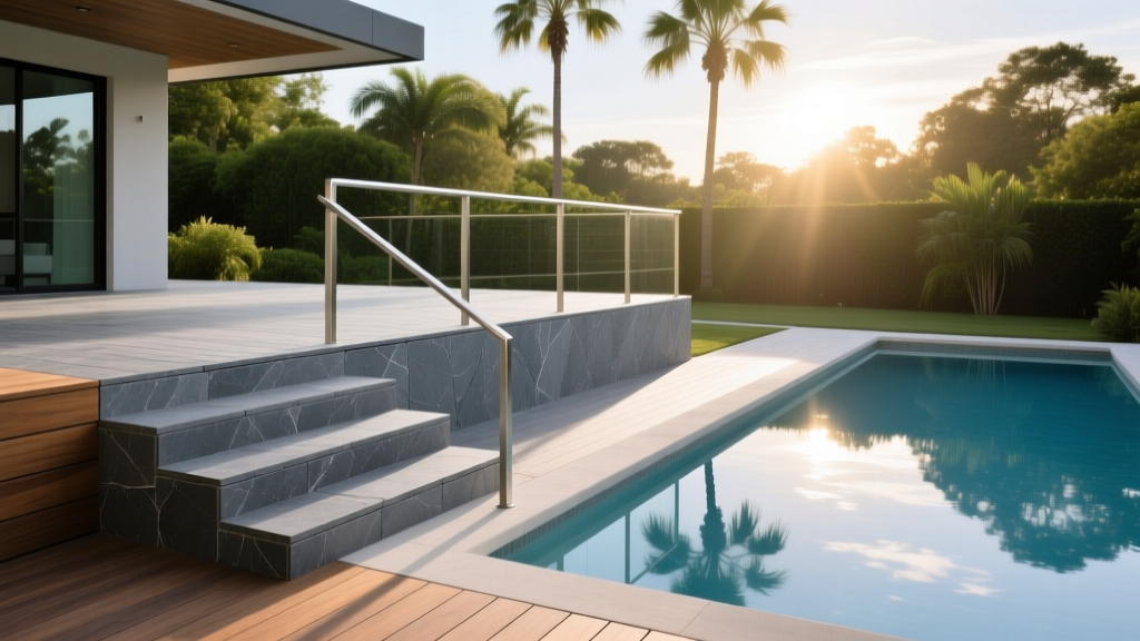 Multi-level deck built with slate-gray mineral-based composite boards and sleek aluminum railings overlooking a modern backyard pool