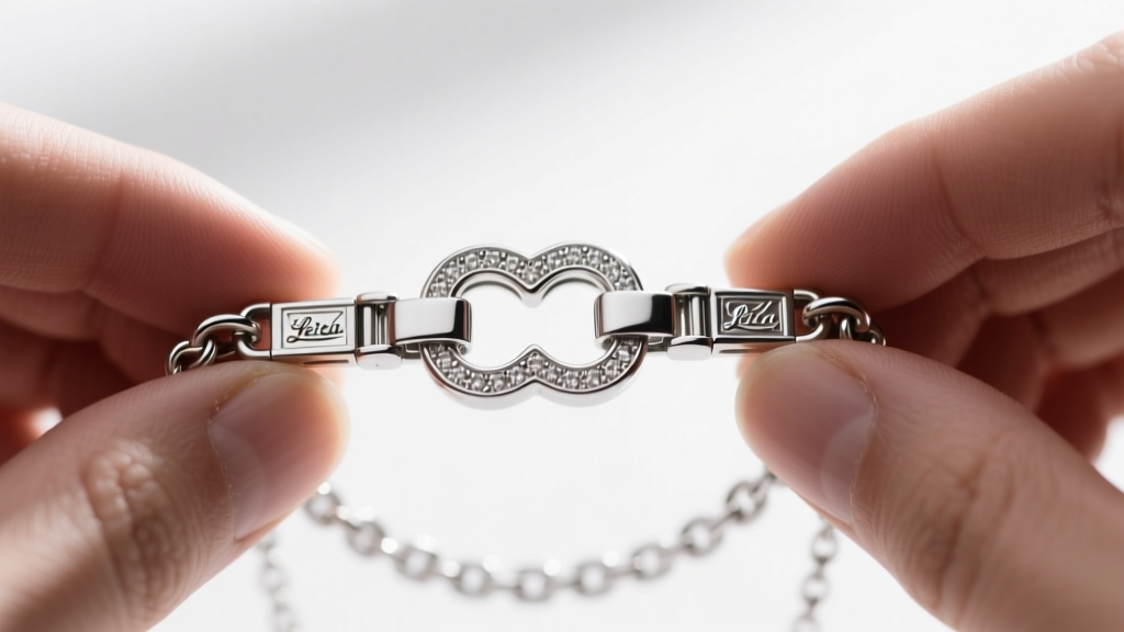 Macro shot of a jeweler inspecting a double-locking box clasp with figure-8 safeties on a platinum chain under bright light.